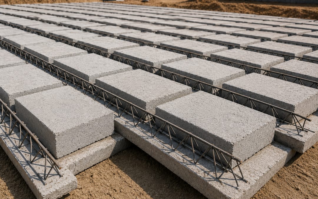 Precast concrete slab blocks laid in rows on site